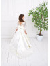 Ivory Lace Satin Handmade Pearl Belt Flower Girl Dress